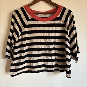 BUCKETLIST Black and White Striped Short Sleeve Top with Coral Neckline